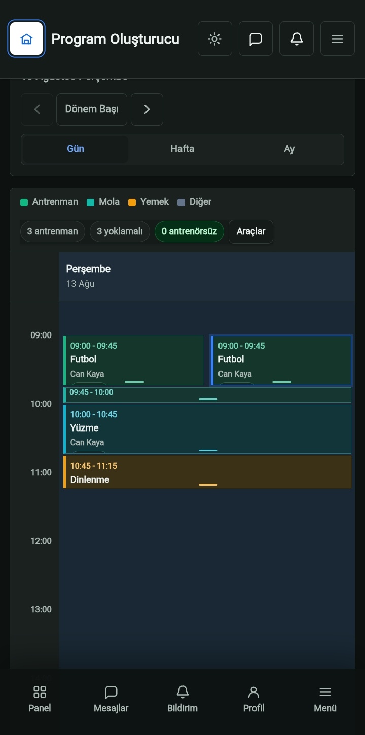 Arkeron Sports antrenman programı ve takvim ekranı