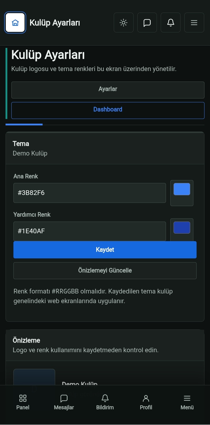 Arkeron Sports kulüp ayarları ve yetki yönetimi ekranı